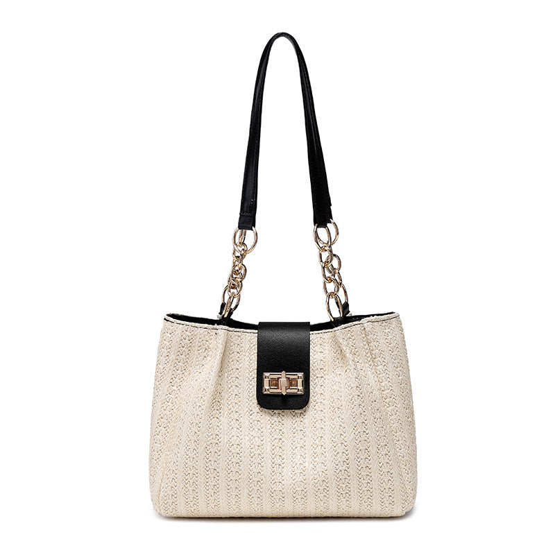 Spring New Women's Classic Style Straw Shoulder Bag Wide Shoulder Strap Large Capacity Commuter's All-Matching Fashion Design Daily Essential