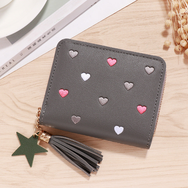 Cute Heart Embroidery PU Wallet for Women with Tassel Charm and Star Pendant, Compact Card Holder for Daily Use