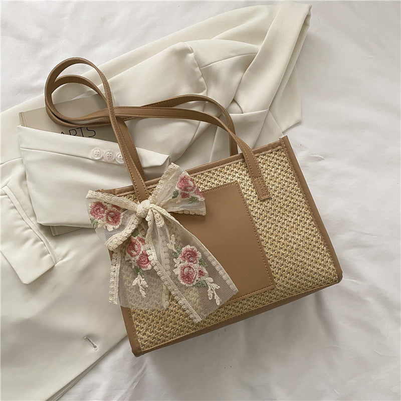 Woven Tote Bag Women's Spring Fashion Embroidered Flower Bow Tie Large Capacity Retro Style Handbag