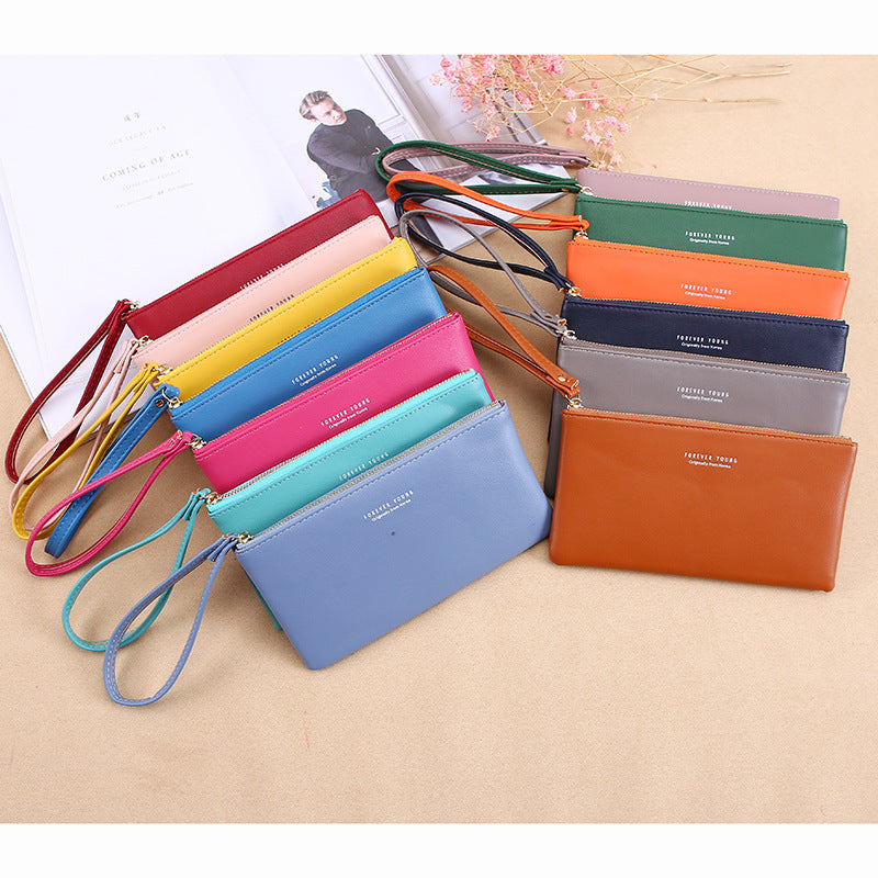 Korean Style Zipper Handbag Women's Large Capacity Everyday Fashion Wallet with Wrist Strap Litchi Pattern Design