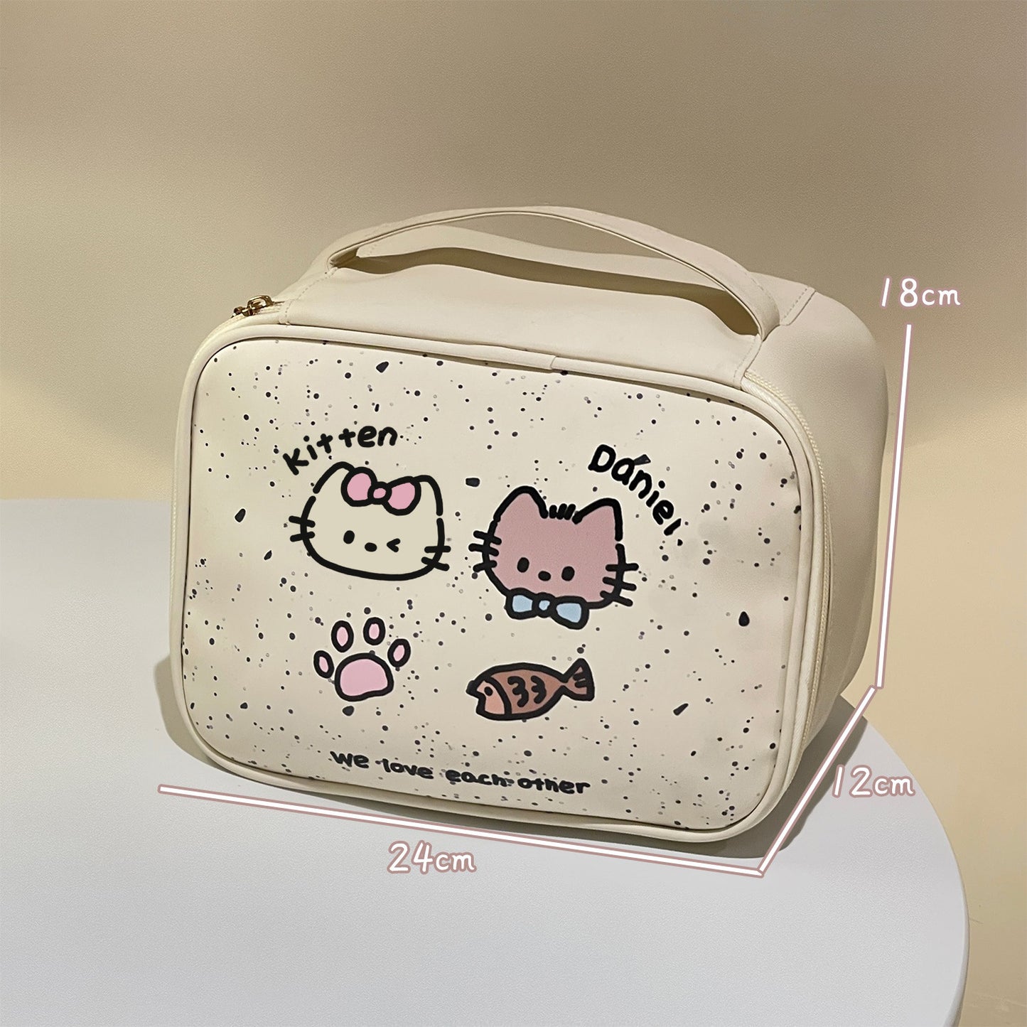 Cute Cat Design Cosmetic Bag for Women, Portable Large Capacity Waterproof Makeup Organizer with Handle, Perfect for Travel and Daily Use