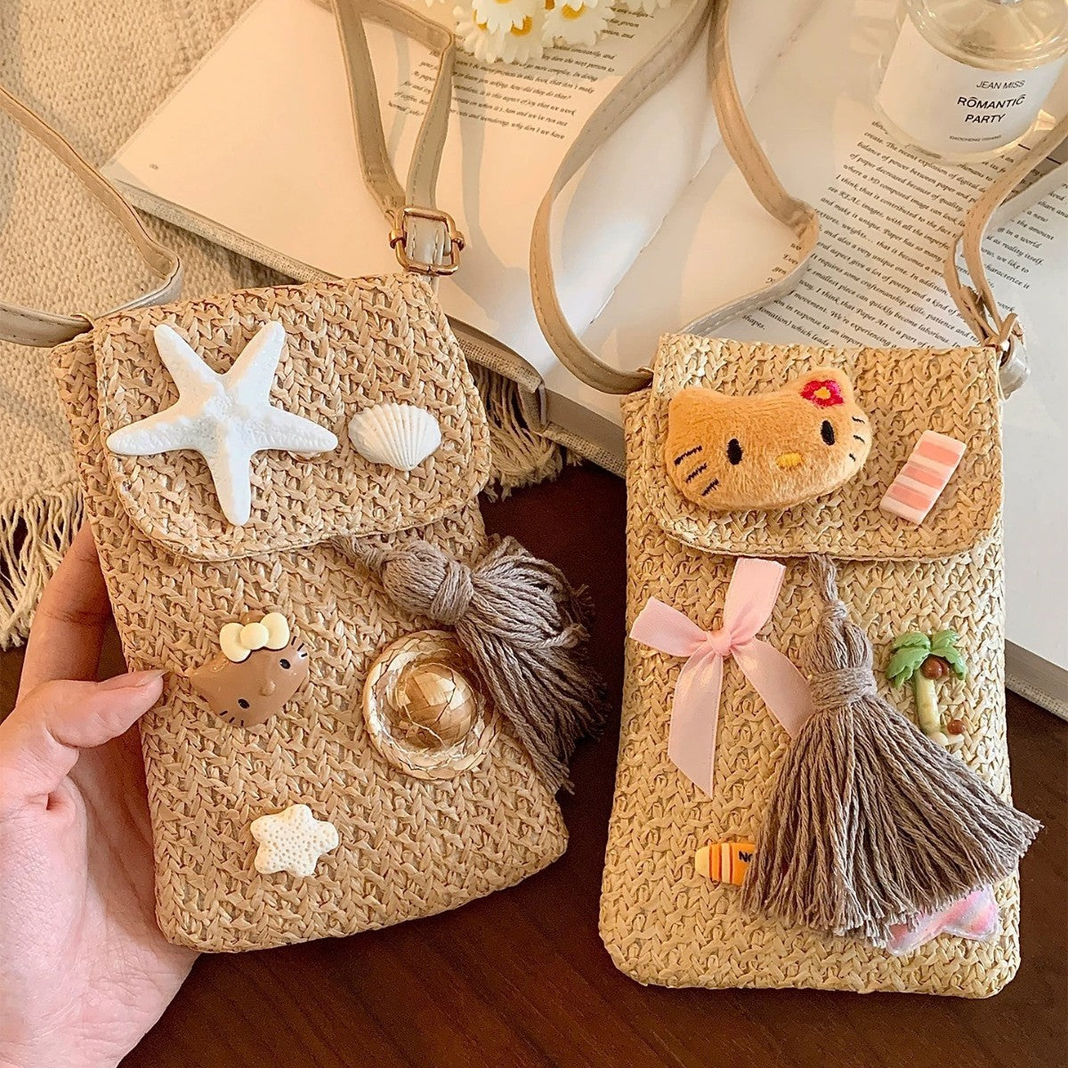 Handmade Crochet Hello Kitty Crossbody Bag for Women, Cute Cartoon Summer Beach Style Phone Pouch with Braided Strap
