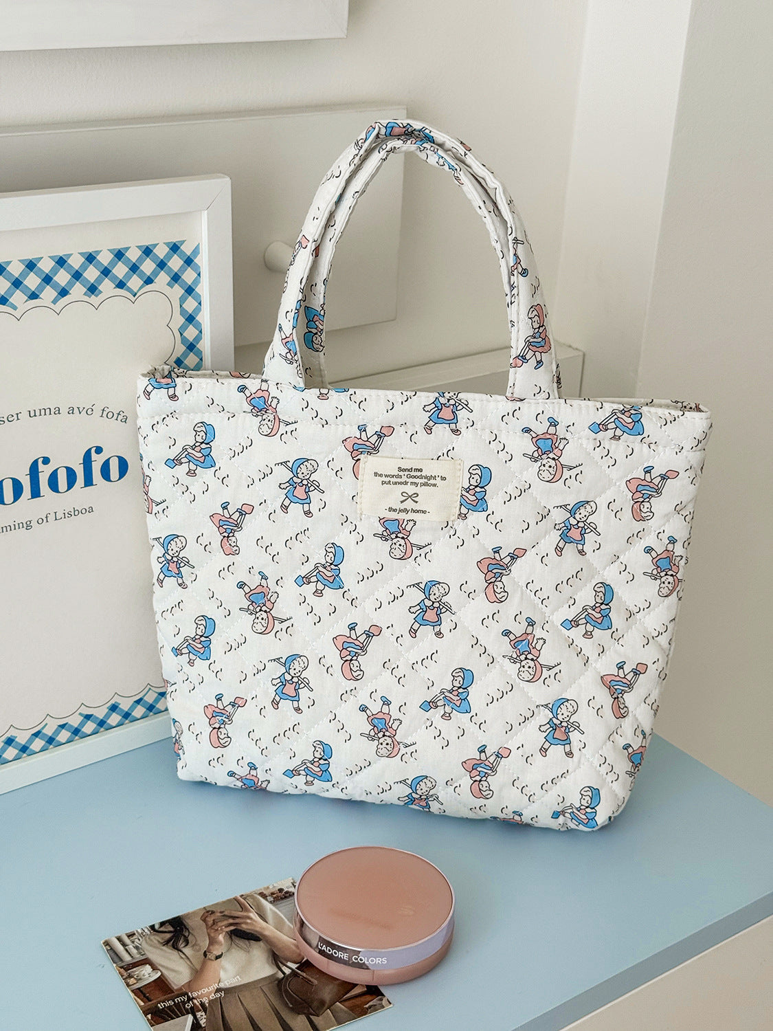Cute Cartoon Print Tote Bag with Large Capacity and Soft Cotton Material for Daily Use