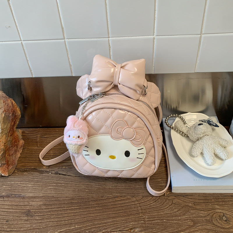 Cute Hello Kitty Quilted Backpack with Bow and Ice Cream Charm, Perfect for Daily Use and Outings