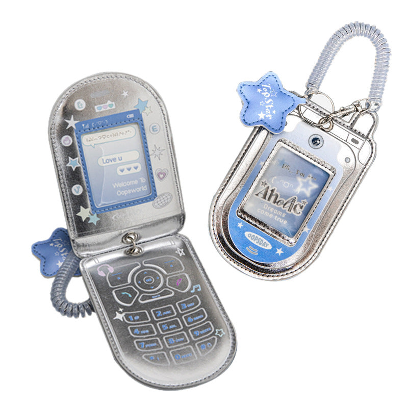 Flip Phone Style Card Holder with Transparent Window and Three Card Slots, Cute Design for Students and Fans