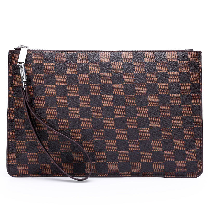 Vintage Checkered Men's Clutch Bag with Large Capacity and Fashionable Design for Daily Use