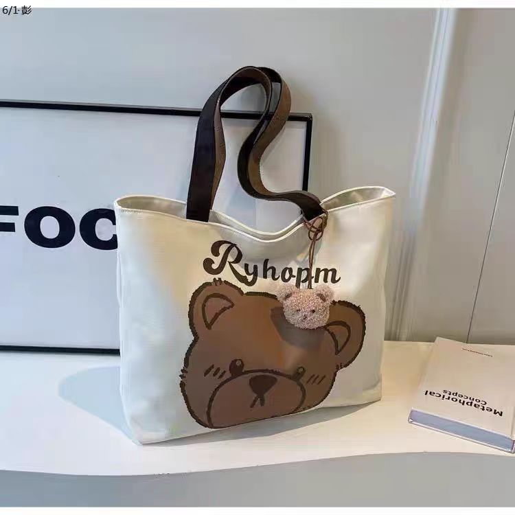 Cute Bear Print Tote Bag with Pom-Pom Charm, Large Capacity Canvas Shoulder Bag for Daily Use and School