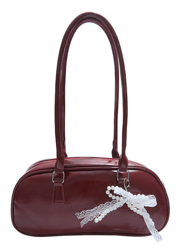 Elegant Pearl Lace Decorated PU Tote Bag with Large Capacity and Zipper Closure for Daily Use