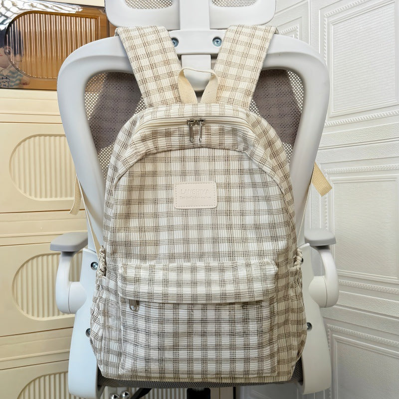 Retro Plaid Corduroy Backpack with Breathable Design for Students, Lightweight and Stylish School Bag with Adjustable Padded Straps