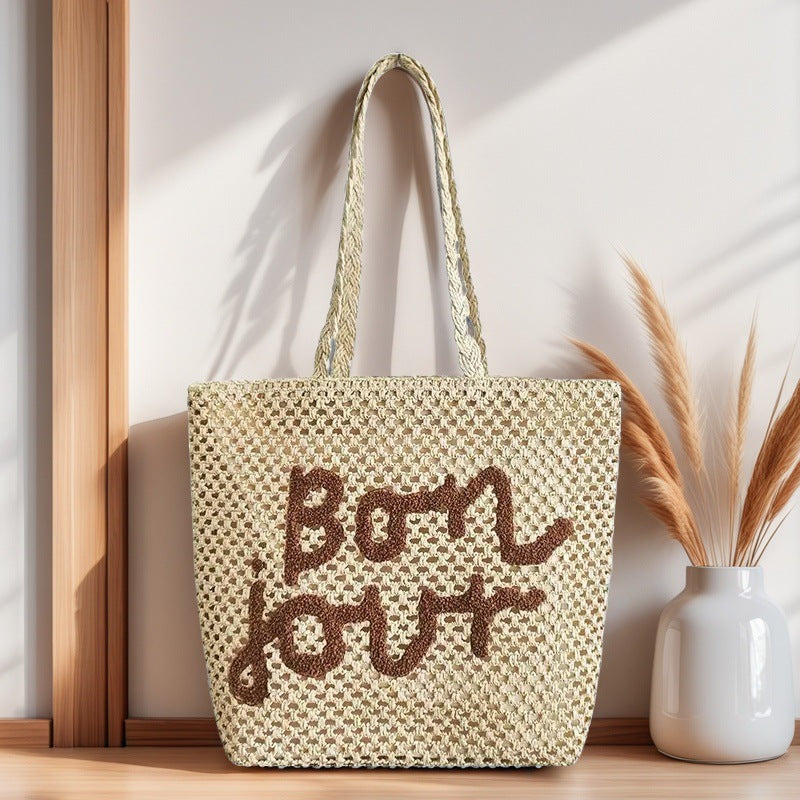 Fashion Letter Embroidery Straw Bag Weaving Hollow Design Vacation Beach Versatile Women's Bag