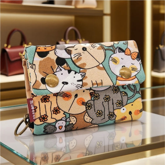 Creative Cartoon Printing Tri-Fold Denim Canvas Wallet Simple Canvas Card Holder Key Case for Both Men and Women