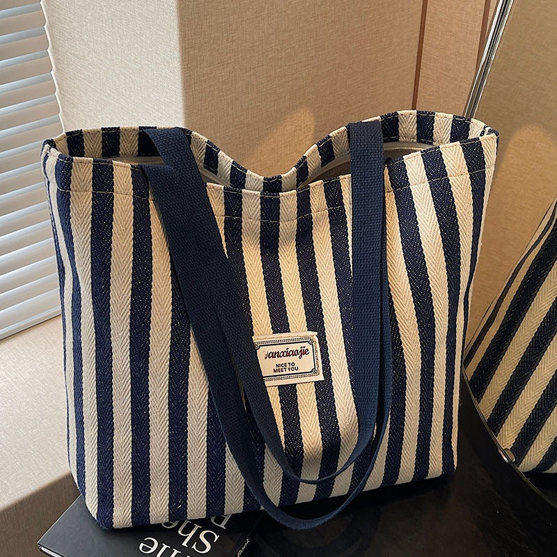 Women's Striped Tote New Simple Large Capacity Shoulder Bag Fashion Commuter Versatile Handbag