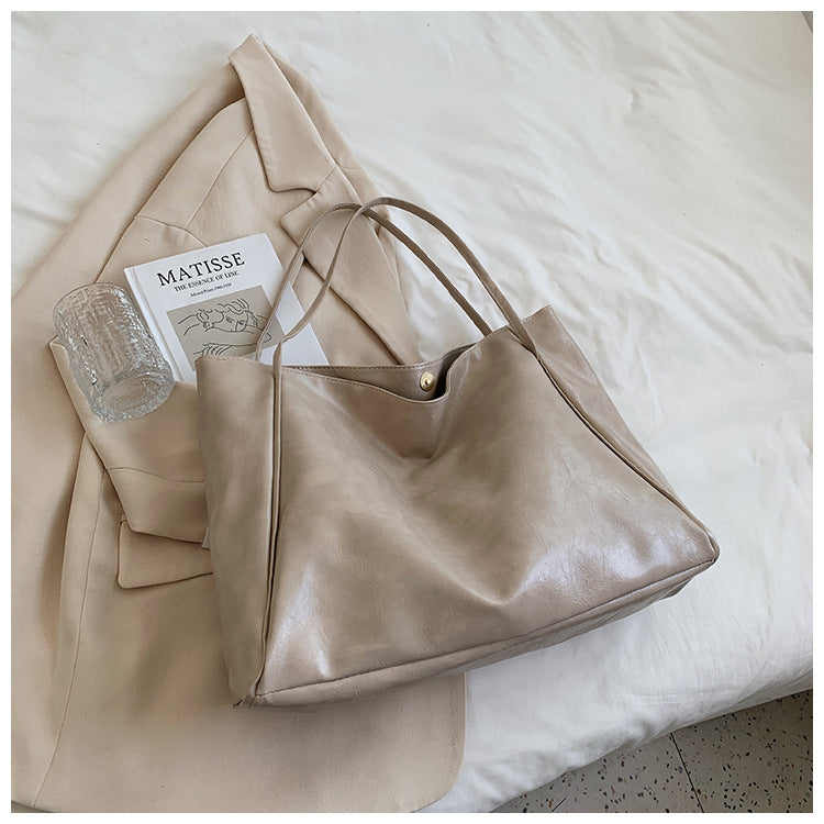 Tote Bag Women's Bag New Japanese and Korean Large Capacity Soft Leather One Shoulder Retro Casual Portable Bucket Bag