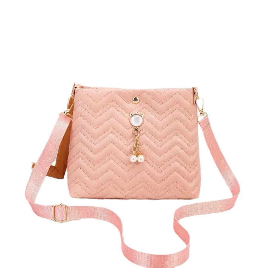 Chic Chevron Quilted Crossbody Bag with Cat Pearl Charm and Magnetic Closure for Daily Fashion