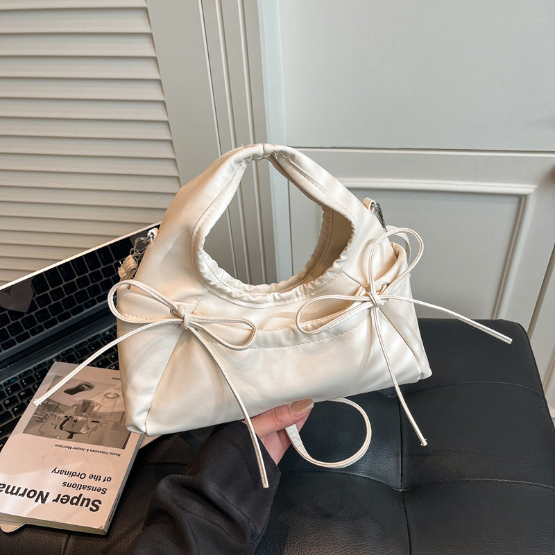Korean Fashion Women's Mini Moon Bag with Bow Detail, Soft PU Crossbody Shoulder Bag for Daily Street Style