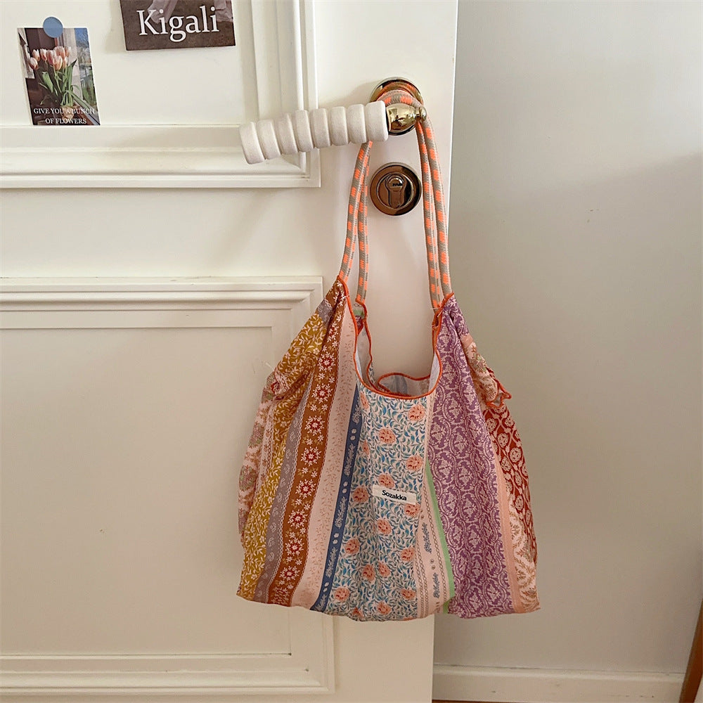 Korean Style Summer Large Capacity Hand Shoulder Bag Drawstring Shopping Bag Fresh Floral Tote Bag Underarm Bag