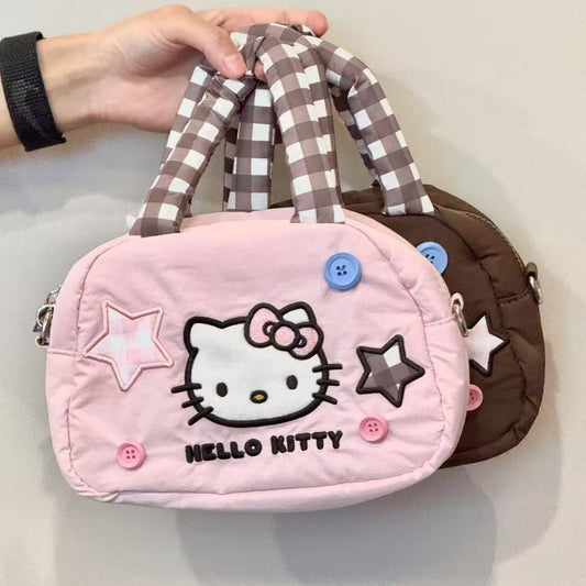 Cute Hello Kitty Quilted Crossbody Bag with Star Applique and Checkered Strap for Daily Use