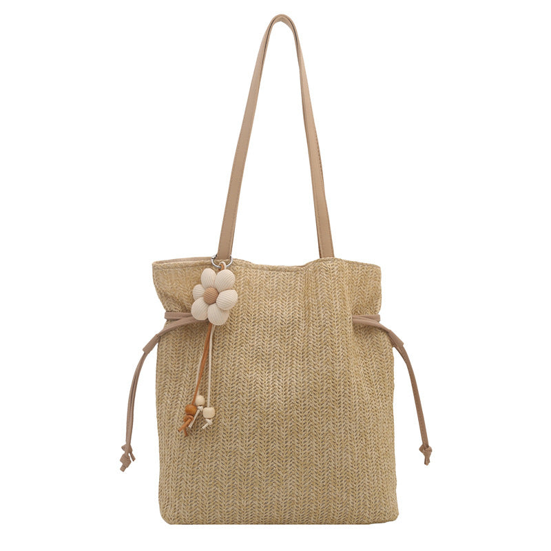 Simple Woven Tote Bag Women's Flower Decoration Large Capacity Shoulder Bag Daily Commuter's All-Matching Fashion Handbag