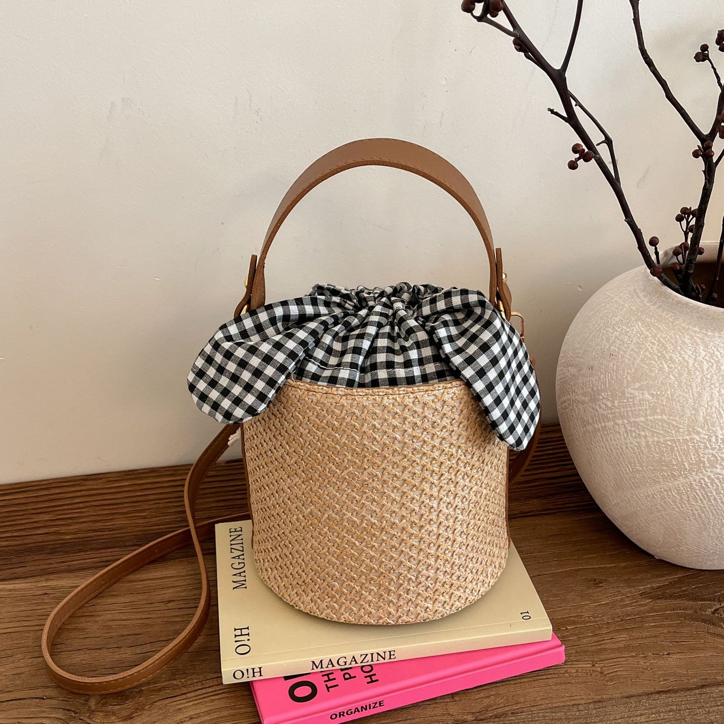Sweet Style Straw Bucket Bag Women's Summer New Bow Drawstring Design Shoulder Messenger Bag