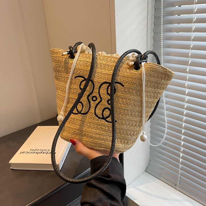 2025 New Fashion Woven Bucket Bag for Women, Retro Style Straw Tote with Pearl Details and Double Handles