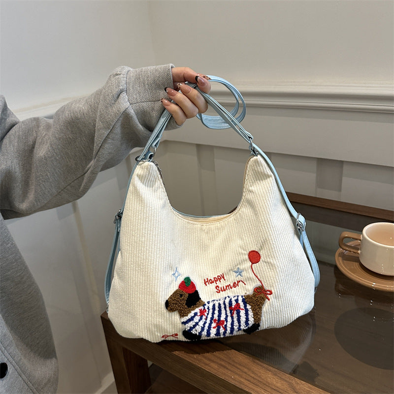 Women's Backpack Sausage Dog New Trendy Korean Large Capacity Corduroy Preppy Style Tote Bag