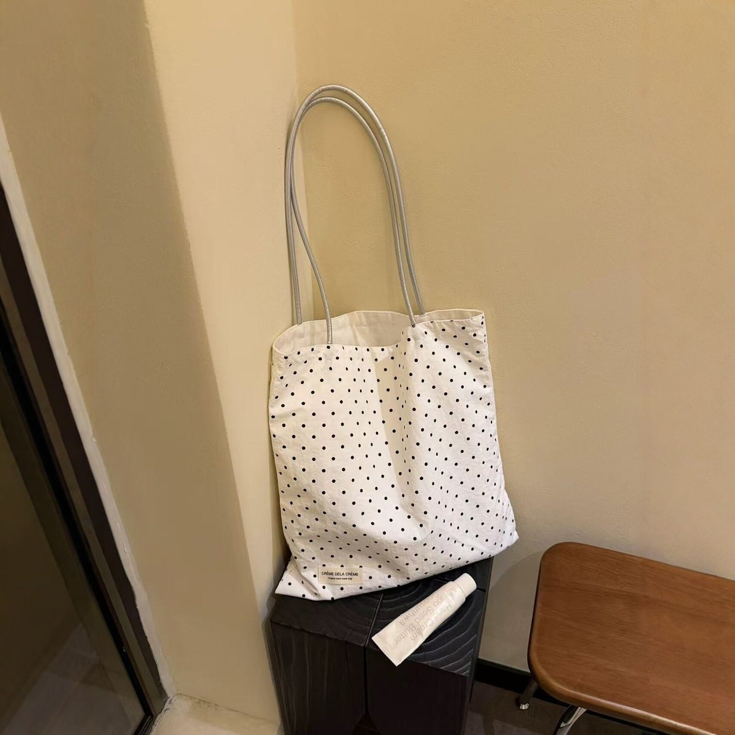 Polka Dot Canvas Tote Bag for Women, Large Capacity Casual Shoulder Bag with Minimalist Design, Perfect for Daily Commute and Shopping