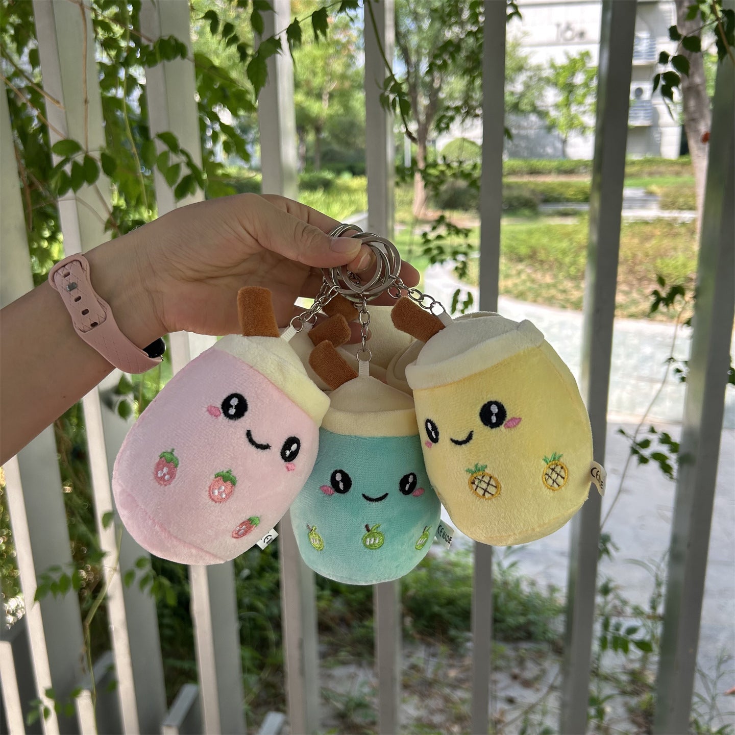Handbag Pendant Cute Cartoon Bubble Tea Plush Pendant Smiley Strawberry Design Suitable for Bag Matching