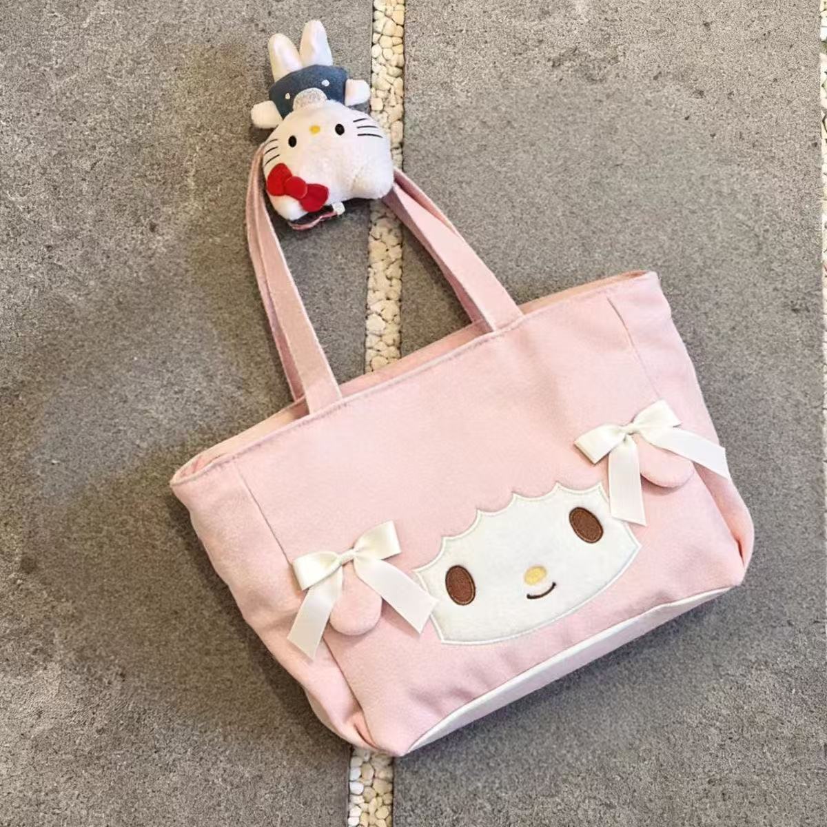 Cute Cartoon Tote Bag with Embroidered Design, Large Capacity Canvas Shoulder Bag for Daily Use