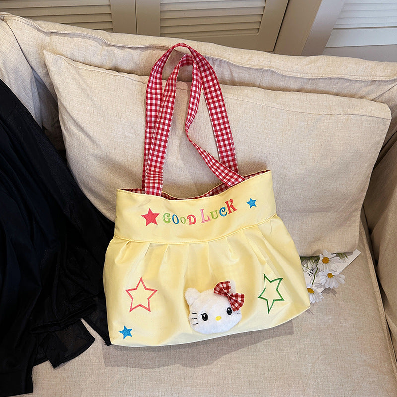 Cute Korean Style Versatile Kitty Pleated Handbag Women's New Large Capacity Commuter out Shoulder Bag
