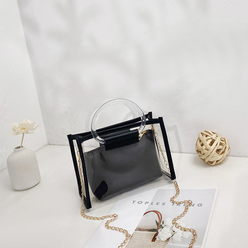 Transparent PVC Mini Tote Bag with Chain Strap and Circular Handle for Women - Fashionable Daily Use