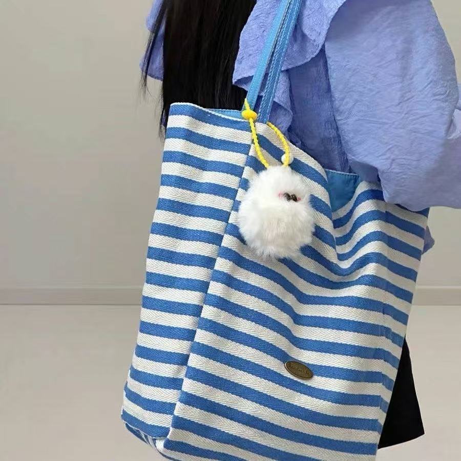 2026 Trendy Striped Canvas Tote Bag for Women, Large Capacity Casual Shoulder Bag with Street Style Design