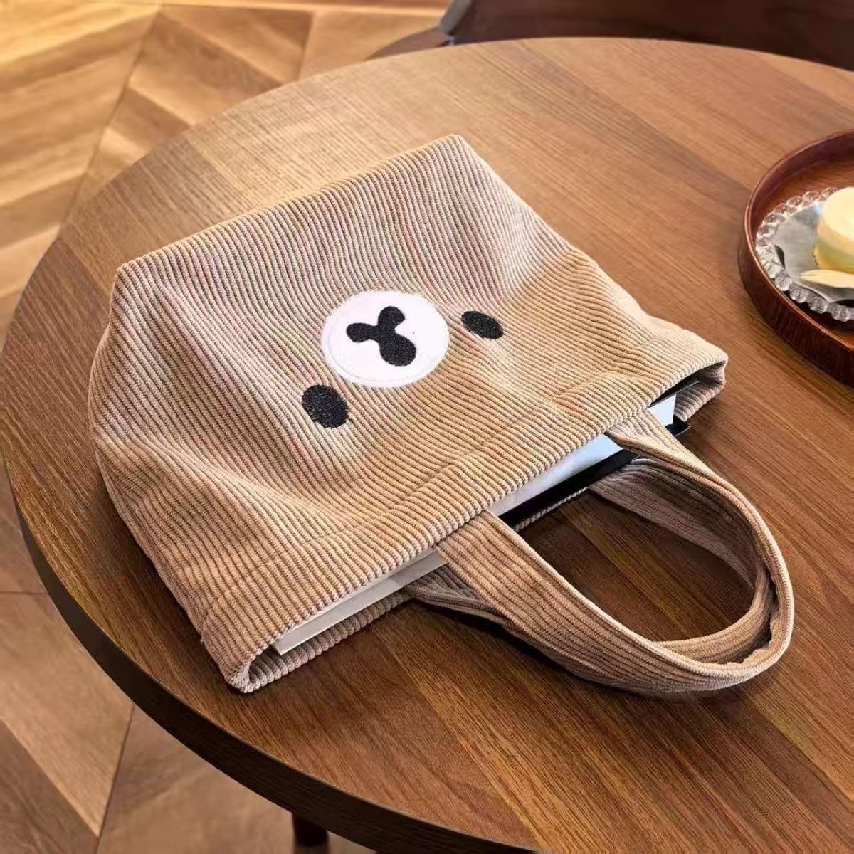 Cute Bear Face Corduroy Tote Bag with Embroidery Design, Soft and Large Capacity for Daily Use
