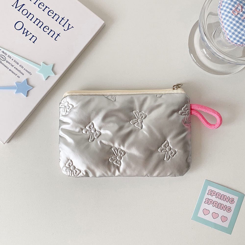 Cute Bowknot Embroidered Glossy Cosmetic Bag Zipper Design with Rope Handle Portable Storage Everyday Good Things
