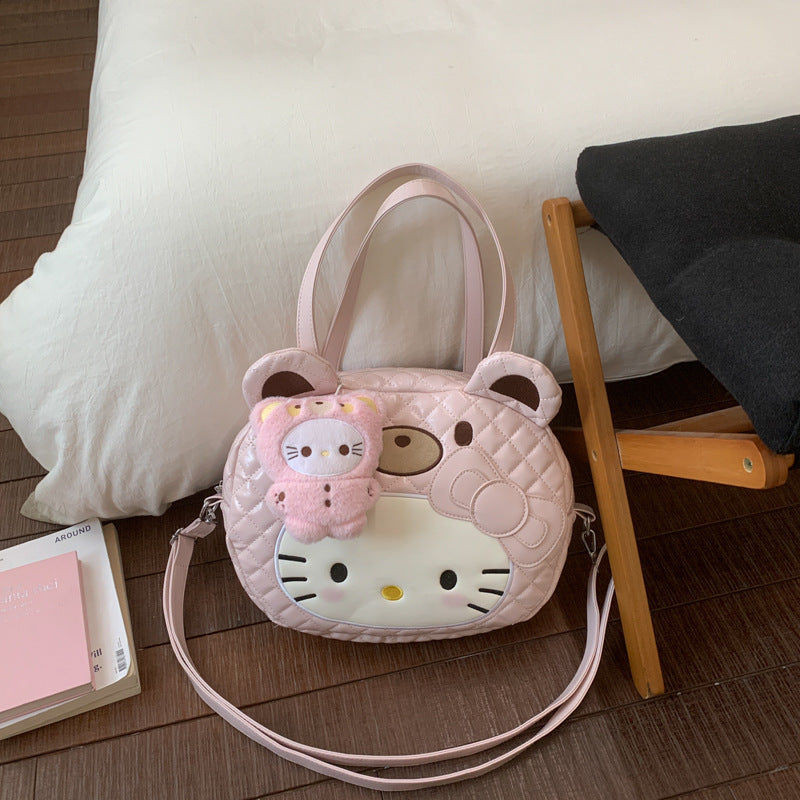 Cute Hello Kitty Quilted Shoulder Bag with Plush Charm, Fashionable and Sweet for Daily Use