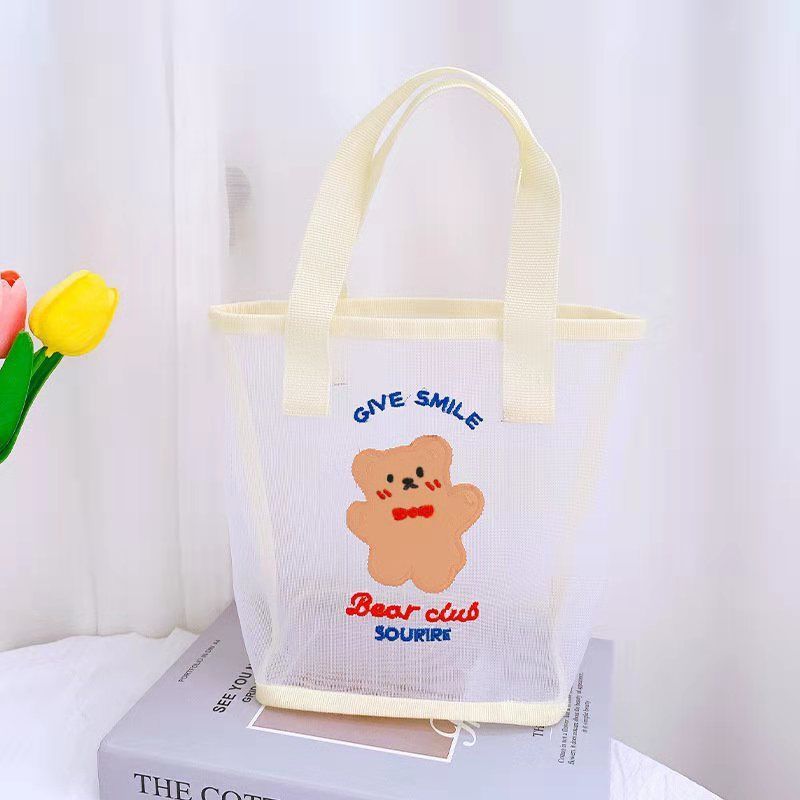 Cute Bear Embroidered Transparent Mesh Tote Bag for Daily Use and Beach Outings