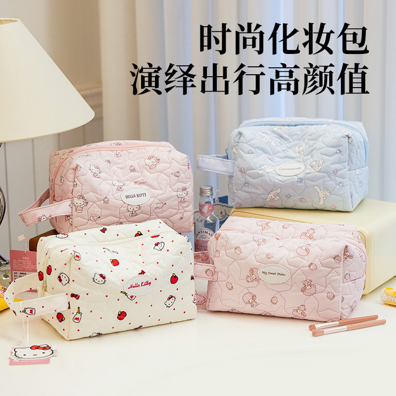 Cute Hello Kitty Quilted Cosmetic Bag with Cloud Design, Portable Travel Makeup Organizer for Women and Girls