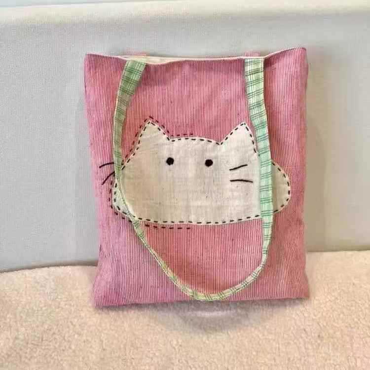 Cute Cartoon Cat Canvas Tote Bag for Women, Casual Daily Use with Simple Style and Soft Fabric