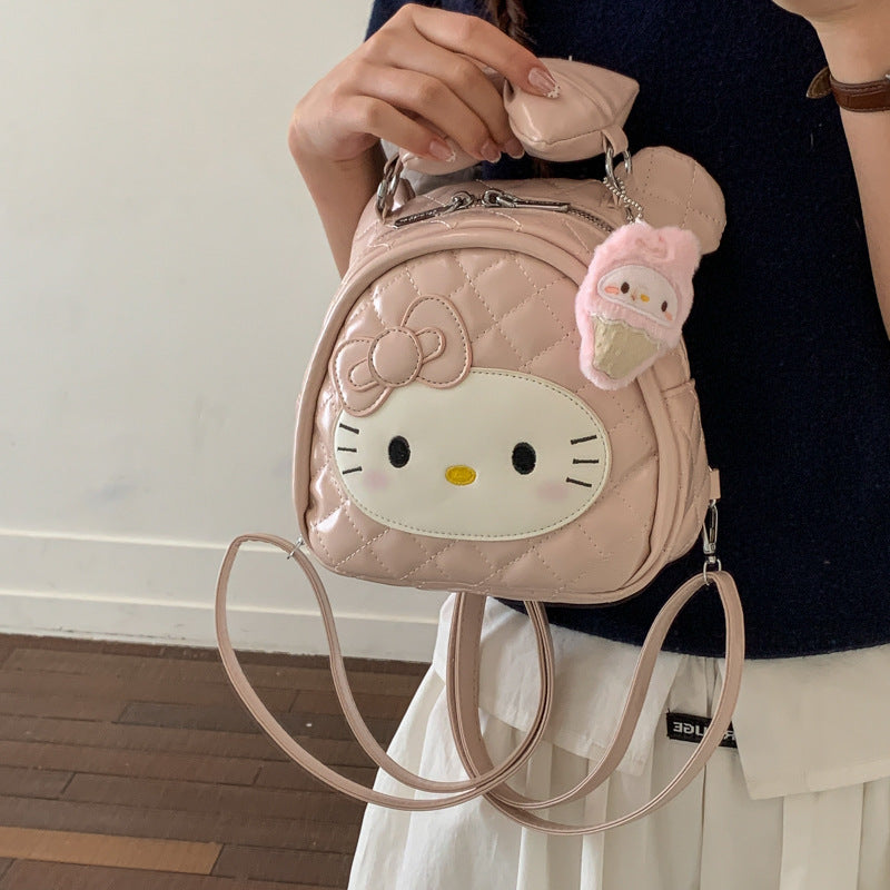 Cute Hello Kitty Quilted Backpack with Bow and Ice Cream Charm, Perfect for Daily Use and Outings