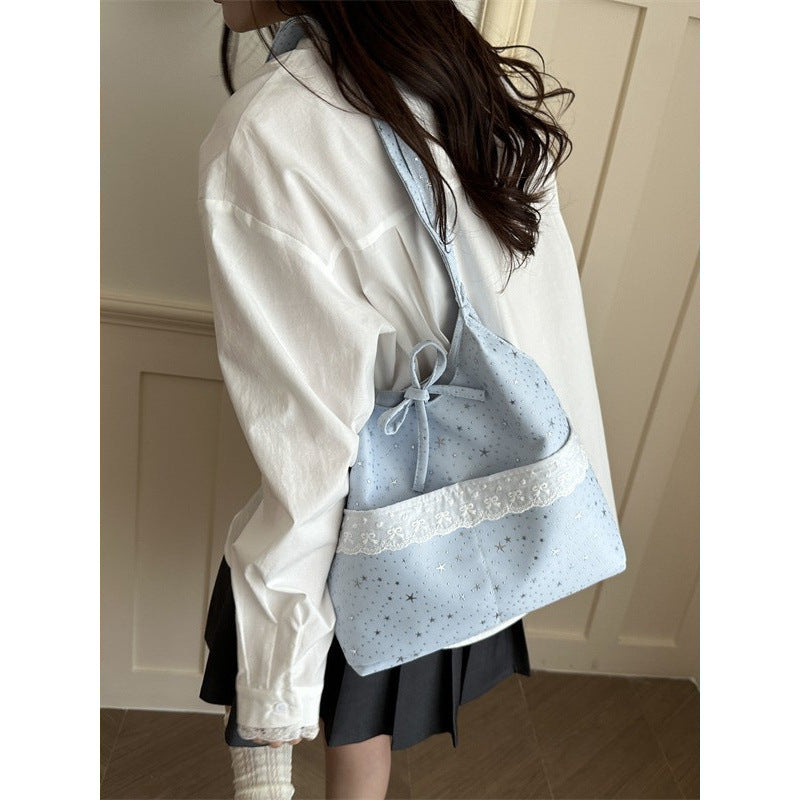 Shoulder bag for women, new style, Japanese and Korean bow-knot lace, large capacity, good-looking, fairy student canvas bag