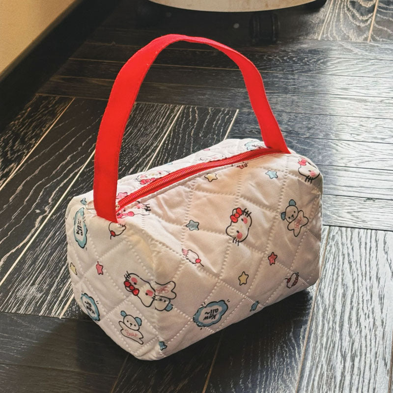Cute Quilted Cosmetic Bag with Cartoon Print, Portable Makeup Organizer for Daily Use and Travel