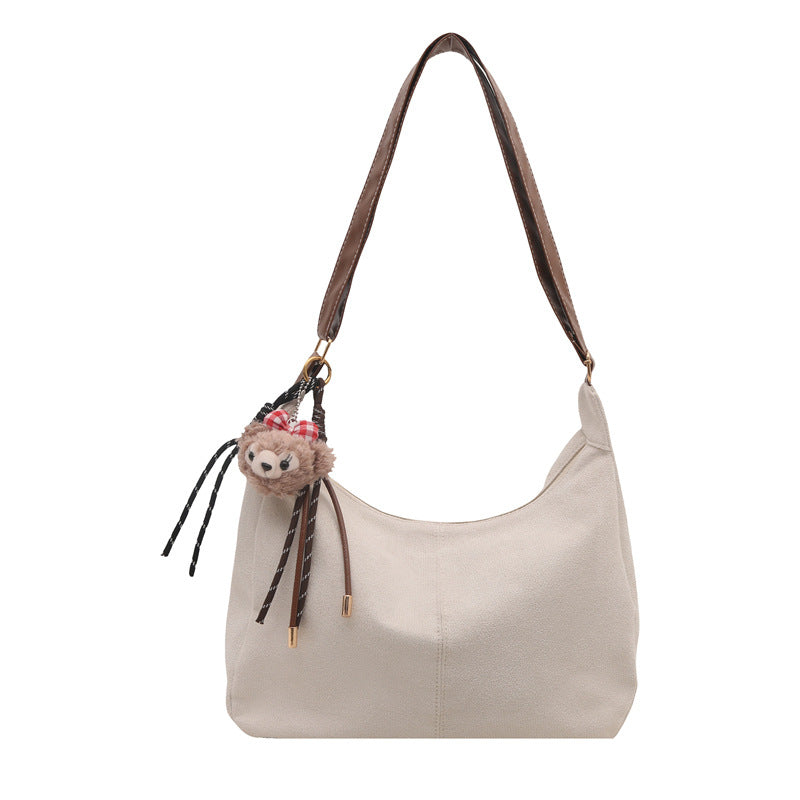 Vintage Tote Bag for Women, Large Capacity Shoulder Crossbody Bag with Cute Plush Charm, Elegant Commute Style