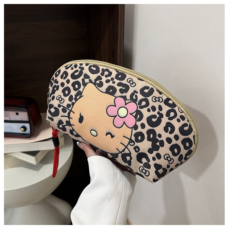Leopard Print Cartoon Cat Cosmetic Bag with Rope Handle, Large Capacity Waterproof Makeup Pouch for Women