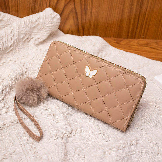 2023 Fashionable Quilted Wallet with Butterfly Charm and Pom-Pom, Multi-Card Slots for Everyday Use