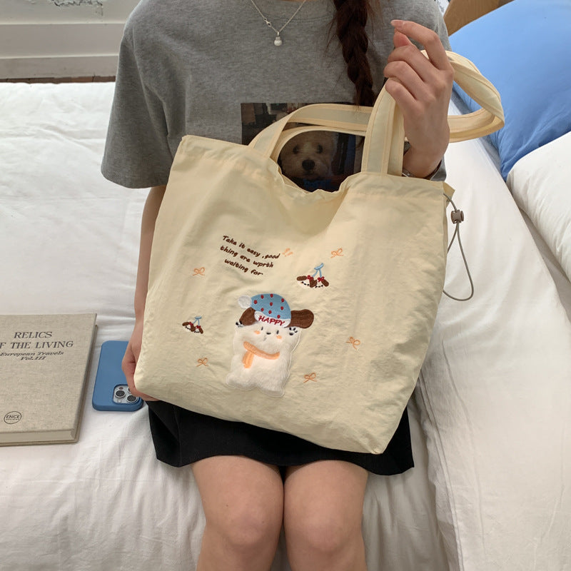 Cute Embroidered Puppy Tote Bag for Women, Large Capacity Shoulder Bag with Drawstring Closure, Perfect for Daily Commute and School