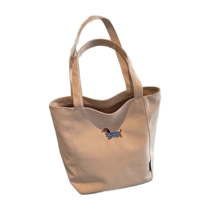Stylish Canvas Tote Bag with Embroidered Dachshund Design, Large Capacity for Daily Commute and School Use