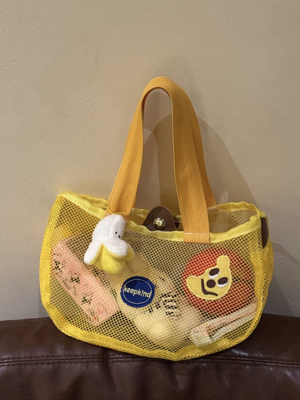 Cute Mesh Tote Bag with Embroidered Fruit Design, Perfect for Summer Beach and Daily Use