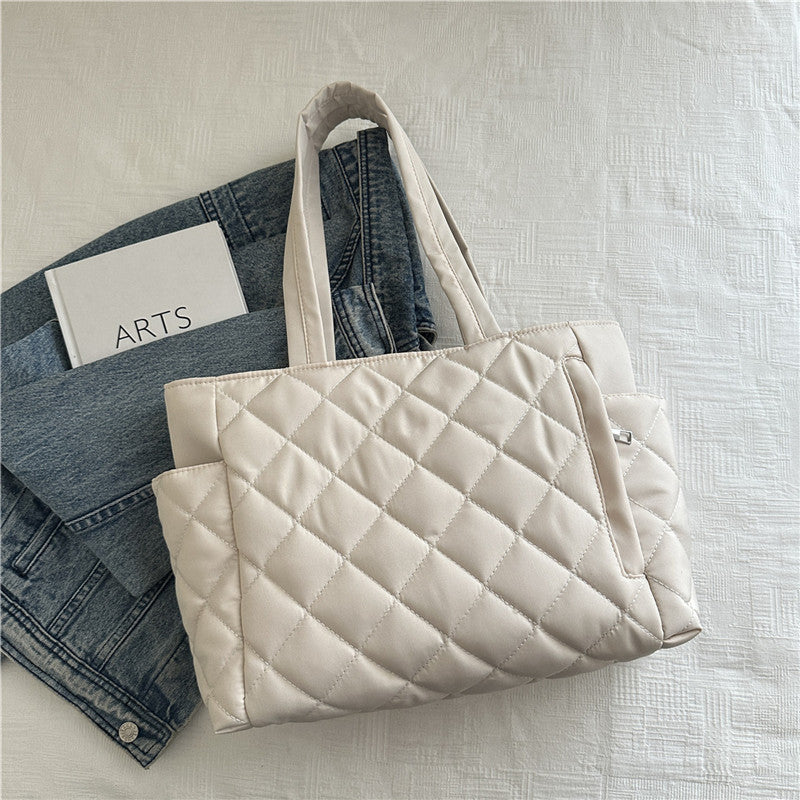 Women's Cotton-Padded Bag New Rhombus Large Capacity Portable Tote Bag Commuter Shopping Shoulder Bag