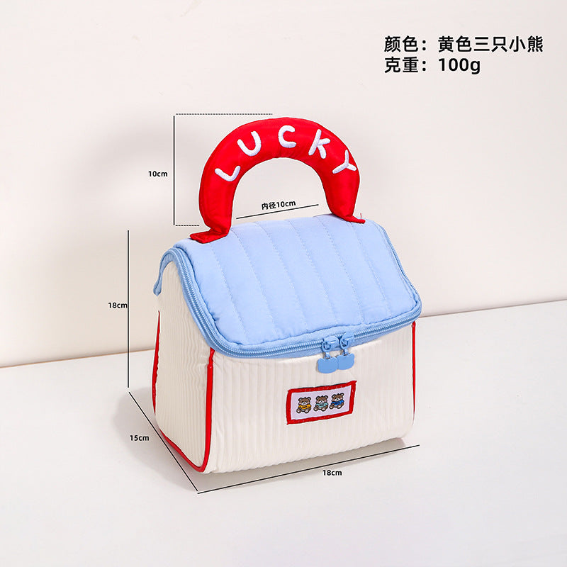 Cute Cartoon Cat Lunch Bag with Lucky Handle, Portable Insulated Food Storage Pouch for Daily Use