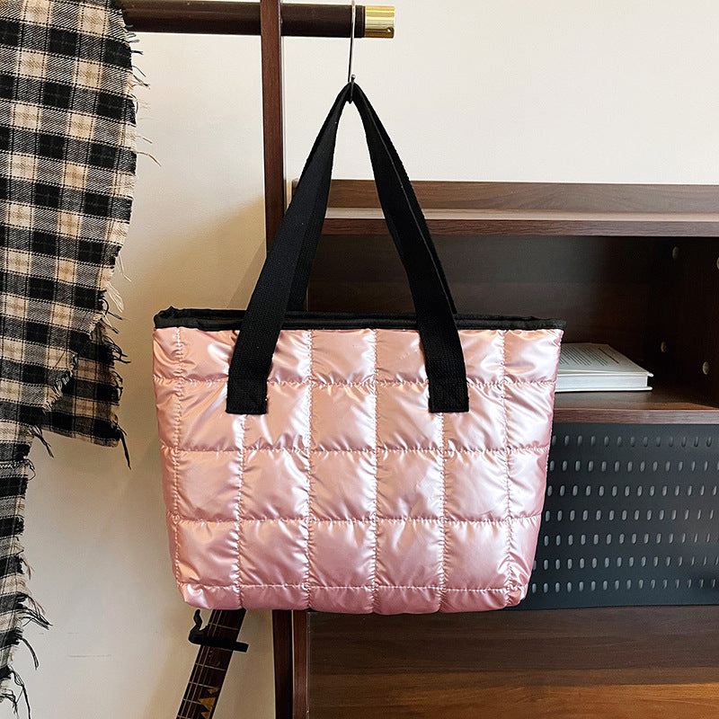 Underarm Bag Women's New Checkered Stitching Handbag Space Cotton Large Capacity down Jacket Tote Bag