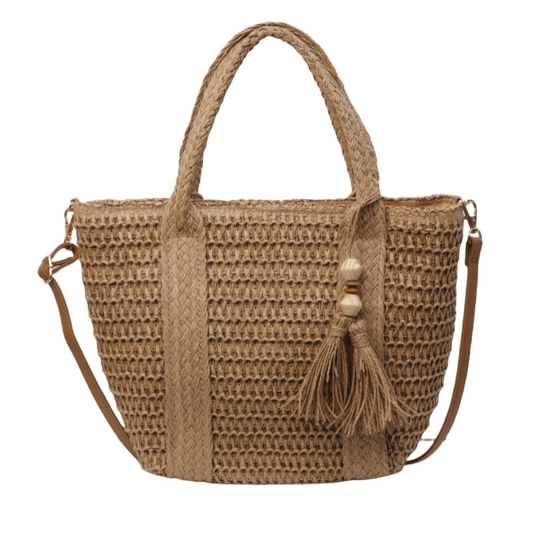 Summer Beach Tote Bag Women Handmade Woven Straw Large Capacity Casual Vacation Shoulder Bag with Tassel Detail